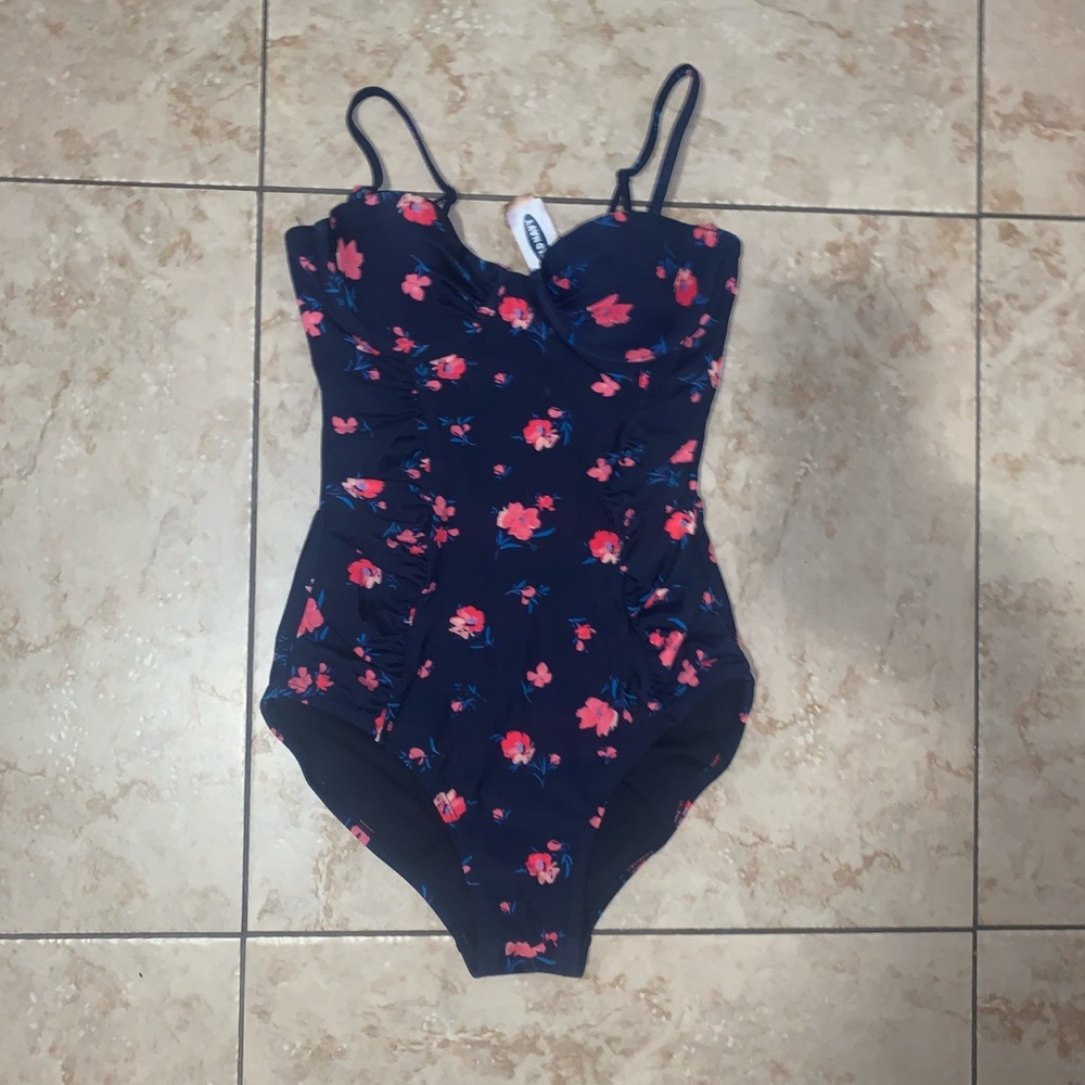 Navy and pink floral one piece swimsuit